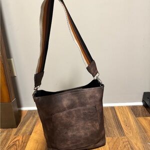 Brown Shoulder Bag with Striped Strap